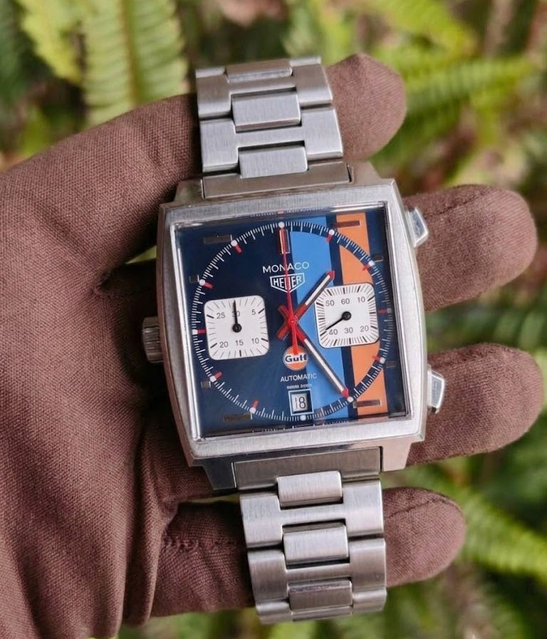 Monaco Cronógrafo 39 mm Esfera Azul Rayas Celeste y Naranja (5A+)